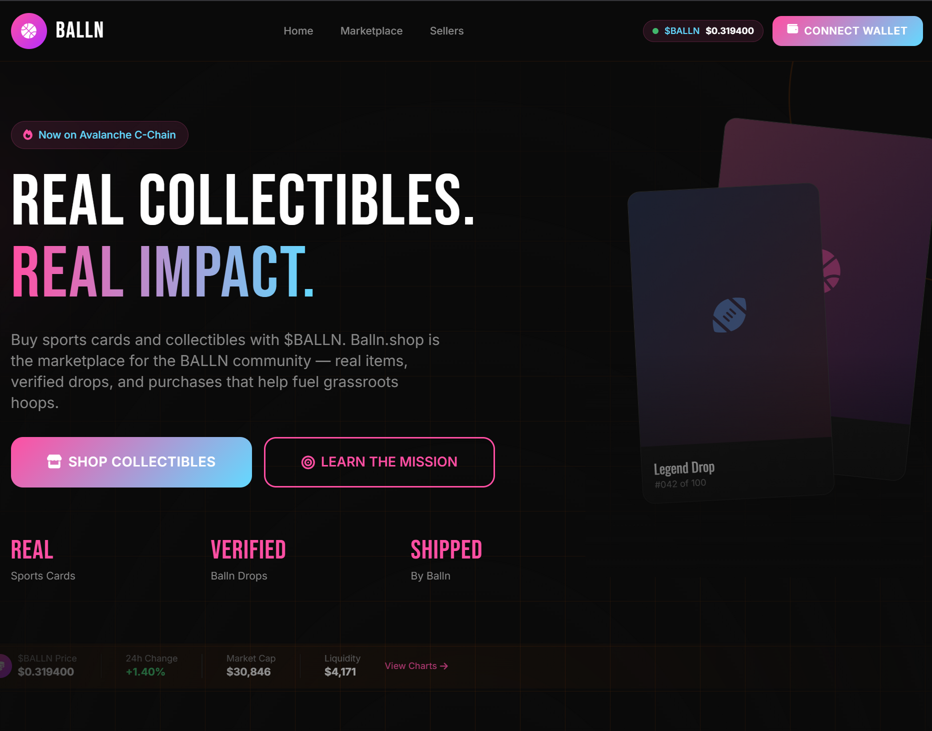Early BALLN marketplace interface prototype with sample navigation, collectible cards, and nonfunctional commerce controls
